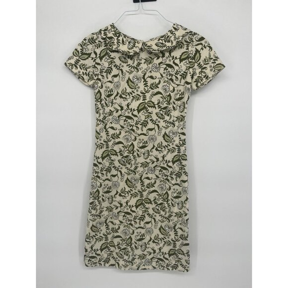 Vintage 1950's Scalloped Peter Pan Collar Dress Green Cream Floral Approx XS - Picture 1 of 4